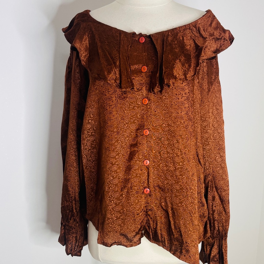 At Last Studio Vintage Paisley Ruffle Off Shoulder Blouse Copper Brown Medium